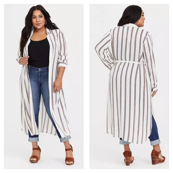 Torrid Black Red Stripe Georgette Trench Kimono Size 4 - Picture 1 of 6